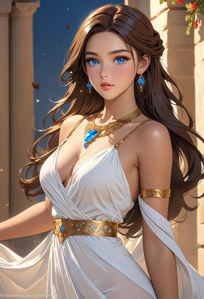 ((best quality)), ((artwork)), ((extremely detailed face)), ((perfect lighting)), ((extremely detailed CG)), ((perfect hands, perfect anatomy)), Sex/Gender= Female
Aliases= Dawnstar, Your Grace, Princess
Age= 20
Pronouns= Her/She
((Hair= Chocolate Brown, quite long, abundant))
((Eyes= Jewel Blue))
Features= Lean,curvy, ((lightly tanned skin)) , younger , exceedingly beautiful, delicate features, full lips
Height= 5'5"
Clothing= Long sleeveless white dress greek style, wide gold necklace around her body to the waist.]
