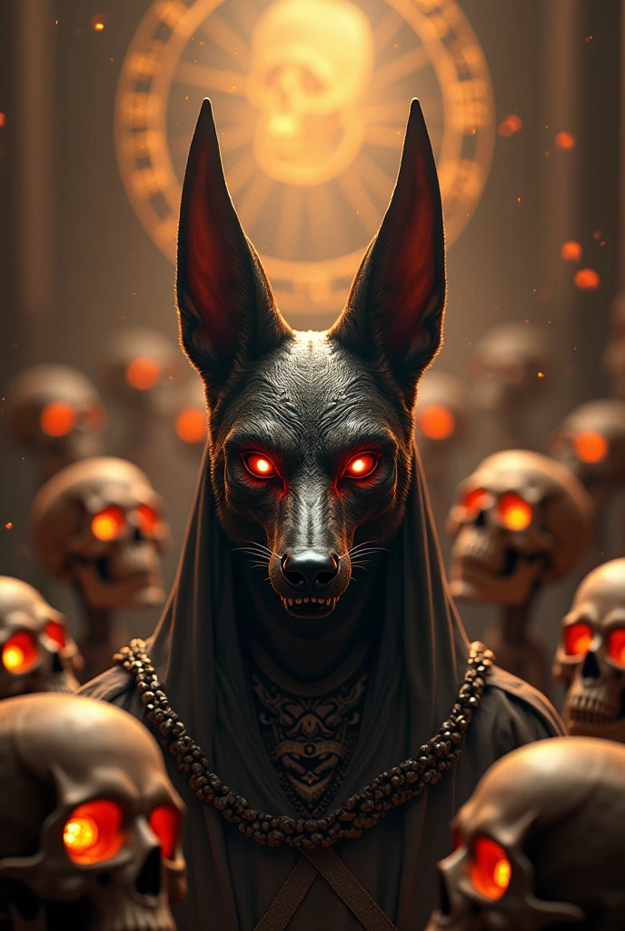 realistic 6.5 inches
anubis logo looking furious, surrounded by skulls with burning eyes, with name "ANUBIS", his backround is zodiac sign, photo size is 9×16, realistic photo, professional photography, UHD, HDR, 16k , high resolution, 10 × 20, luminous