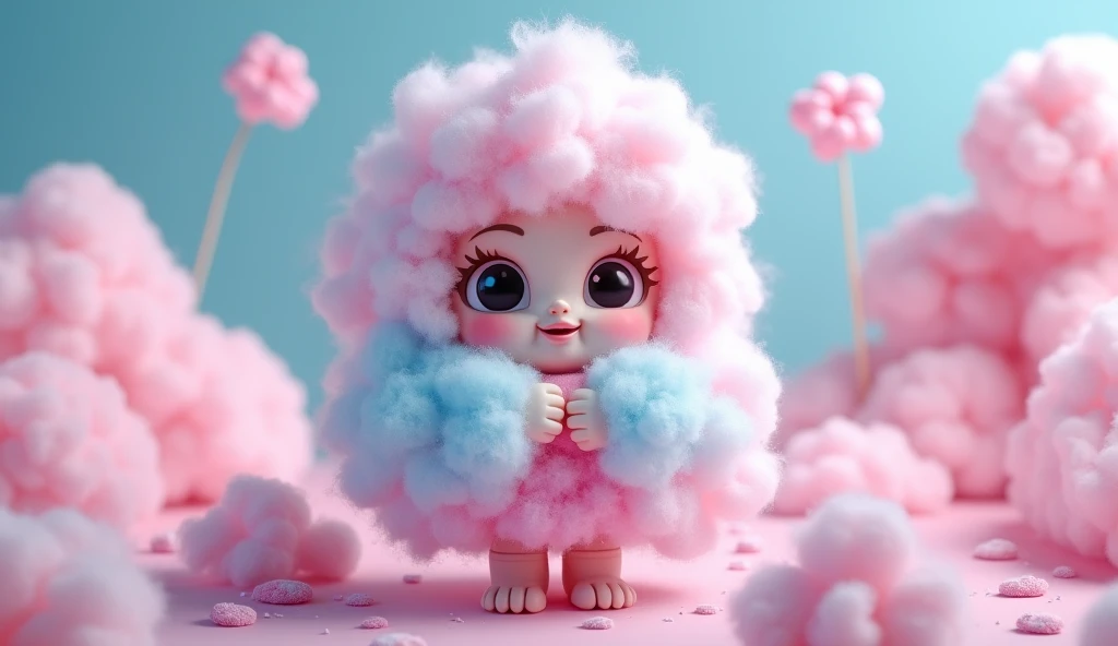 Make me a picture of an animated doll made of cotton candy
