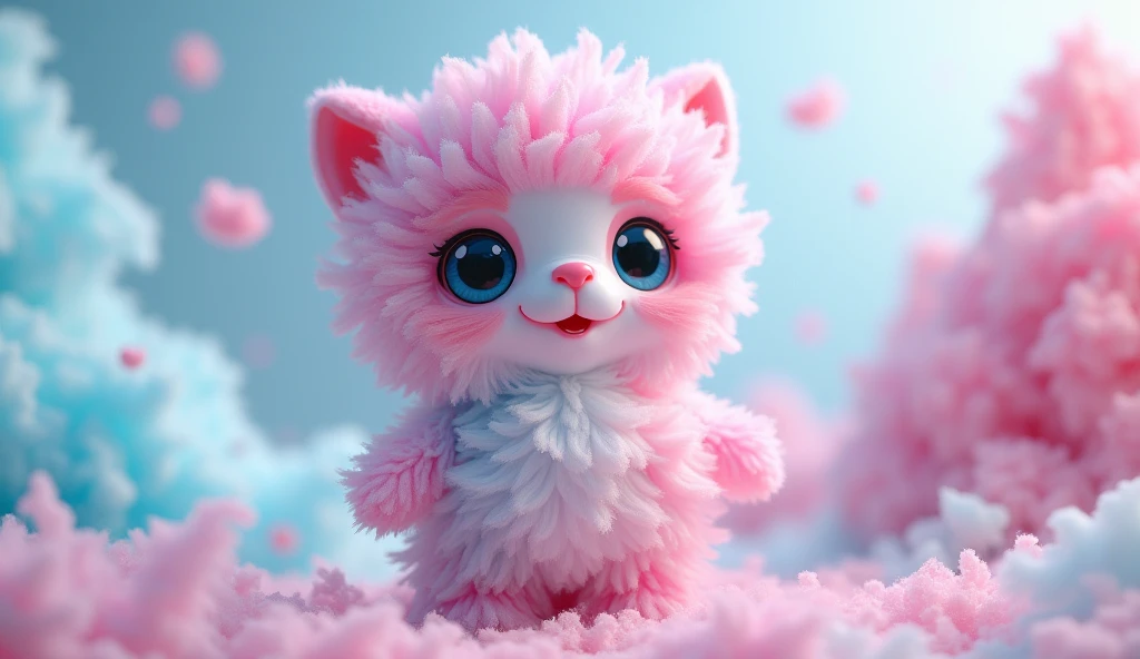 Make me a picture of an animated doll made of cotton candy
