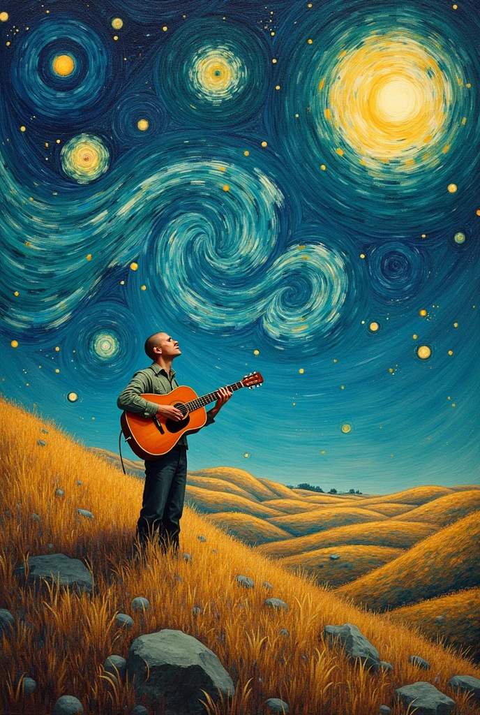 A painting of a man playing the guitar with strokes like Starry night, even the man must be drawn like a landscape., little man sitting in the middle of a vast field playing the guitar looking up at the stars, abstract