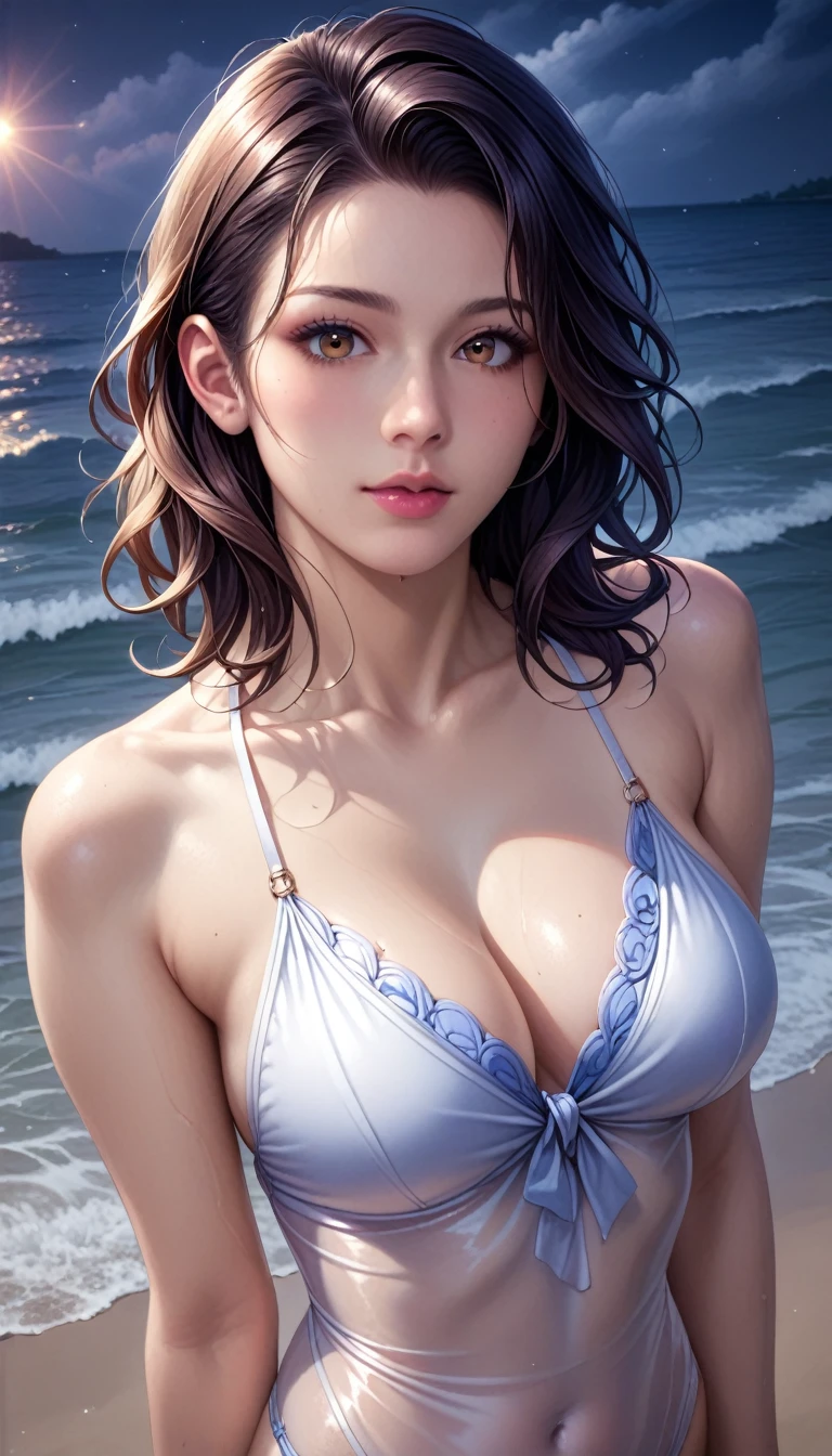 score_9, score_8_superior, score_7_superior, High resolution 3D anime style,A masterpiece in 32K resolution,Highest quality,it is really amazing,Very detailed,Ultra-high resolution,Ultra-realistic,Realistic,Increased depth of field,Cinematic lighting,
(Sexy mature Japan woman:1.2),
(black straight medium hair:1.1),(Ultra-detailed and beautiful face:1.1),(Calm and gentle look:1.1),Beautiful brown eyes,Translucent white skin,Realistic skin texture,Great proportions,
Elegant swimwear,
Summery design,Chic color scheme,Beautiful and delicate decoration,Detailed fabric texture,
(Dark overcast sky on a dull night:1.1),(Dark clouds filling the sky:1),(Thundercloud:1),Coastline at night,Stormy seas,(delay々A desolate sandy beach that continues:1),
(dramatic:1.1),(High angle:1.1),