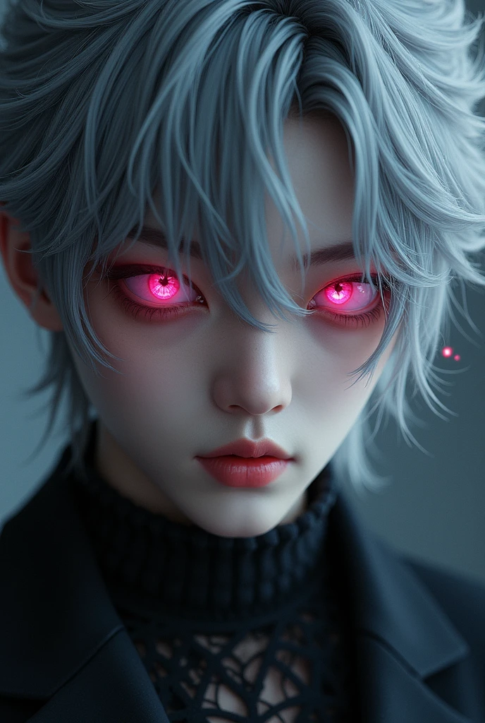 Hyunjin ( Stray Kids) (foto realist),( demon seeds) ,(grey hair) (pink eyes),(tender), (realist)