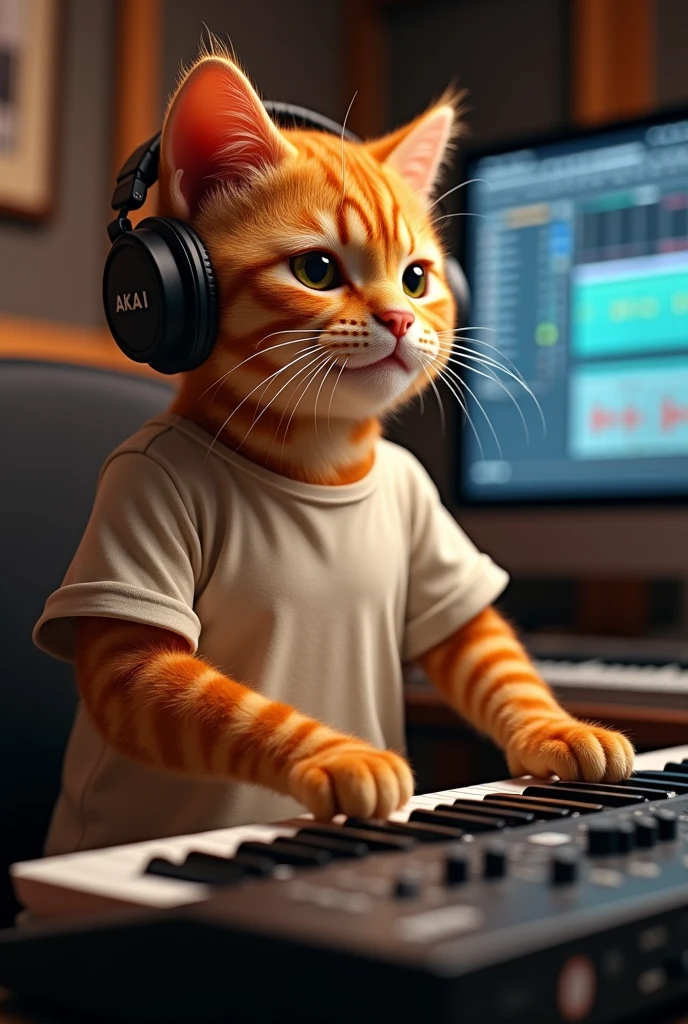 Humanoid orange cat performing a song in front of a professional AKAI 88 MPC MIDI keyboard ,Put on headphones,In a human-like T-shirt ..He is sitting in front of the screen、We know you use Image Line's FL Studio 20 as your preferred DAW.。.,He is an expert in music production and piano playing.....