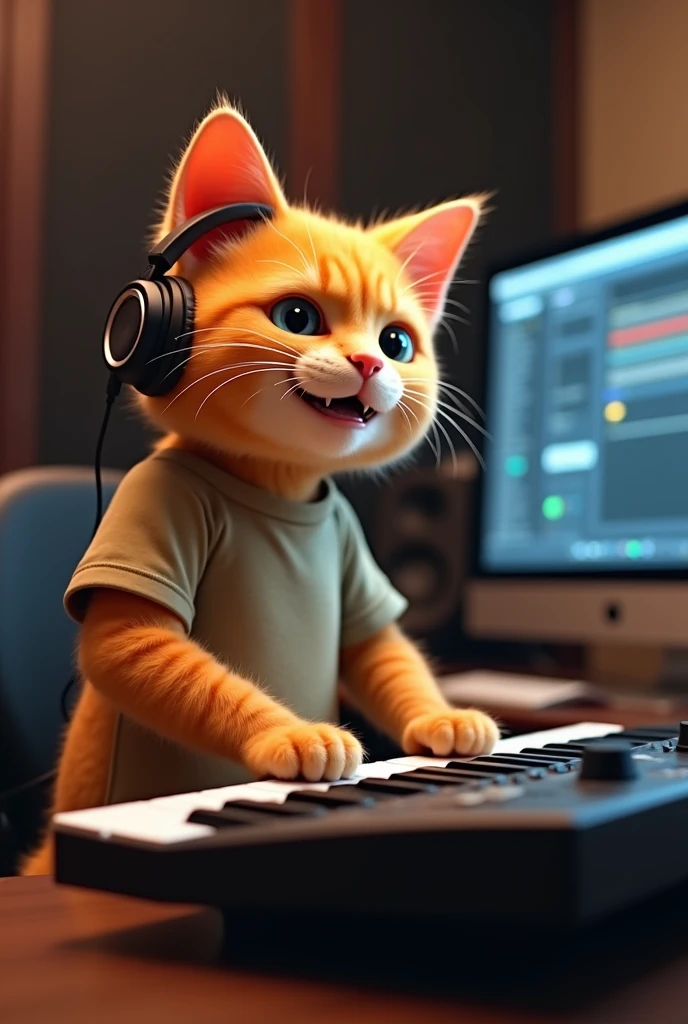Humanoid orange cat performing a song in front of a professional AKAI 88 MPC MIDI keyboard ,Put on headphones,In a human-like T-shirt ..He is sitting in front of the screen、We know you use Image Line's FL Studio 20 as your preferred DAW.。.,He is an expert in music production and piano playing.....