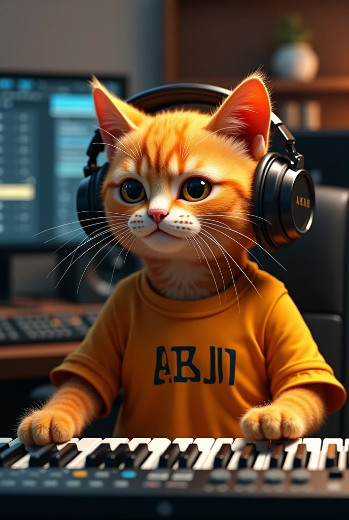 Humanoid orange cat performing a song in front of a professional AKAI 88 MPC MIDI keyboard ,Put on headphones,In a human-like T-shirt ..He is sitting in front of the screen、We know you use Image Line's FL Studio 20 as your preferred DAW.。.,He is an expert in music production and piano playing.....