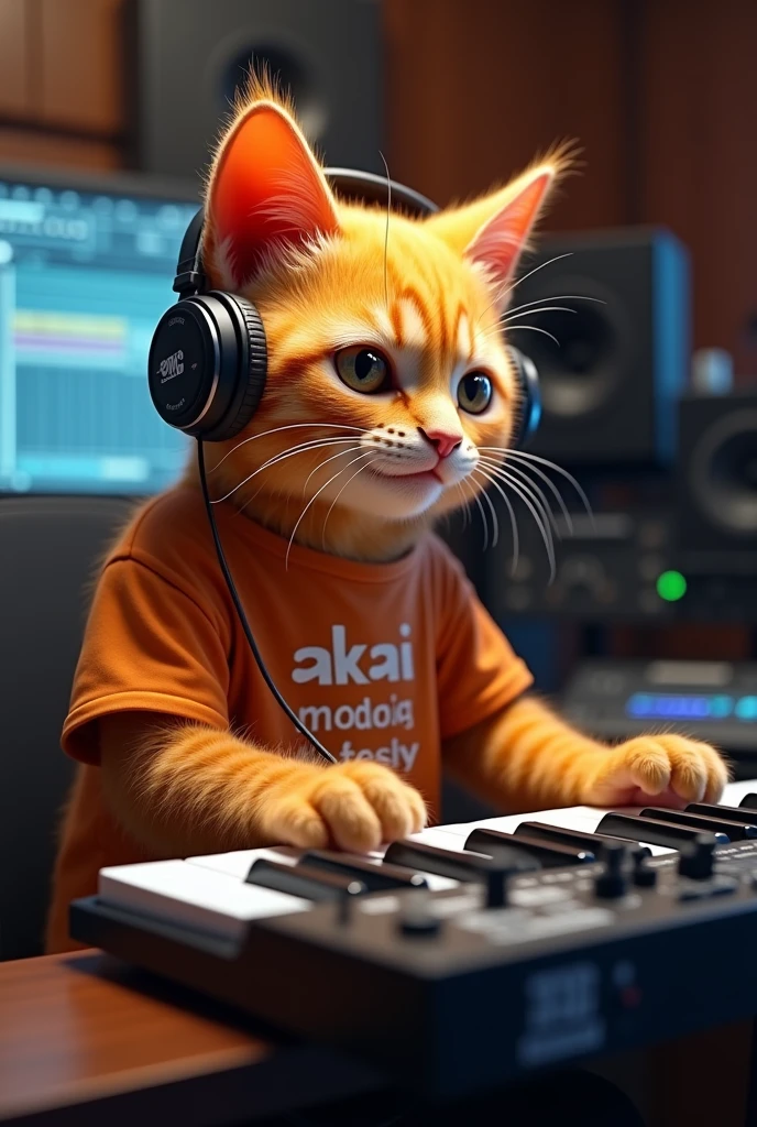 Humanoid orange cat performing a song in front of a professional AKAI 88 MPC MIDI keyboard ,Put on headphones,In a human-like T-shirt ..He is sitting in front of the screen、We know you use Image Line's FL Studio 20 as your preferred DAW.。.,He is an expert in music production and piano playing.....