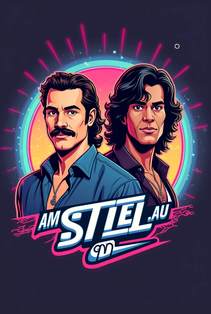 I need  a significant logo for a YouTube channel which contains topics like movies, action figures, cosplays, video games and pop culture. the name of channel is NICE AM STIEL which is a german pun for a popsicle which means EIS AM STIEL in german. please visualize a proper logo with the likeness of a popsicle and everything I mentioned in the description. Be sure that the logo looks like two 80's characters like the main protagonists from MIAMI VICE - made them out of popsicle, one Male has a mustache, a Mullet and a light skin tone and the other Male has slightly longer black hair and a brown skin tone but most importantly the Logo as to feature the name NICE AM STIEL put the Names  "Randy Paradise & Corey Walkman" above that characters be sure that the characters ar two males and DO NOT miss out the popsicle theme