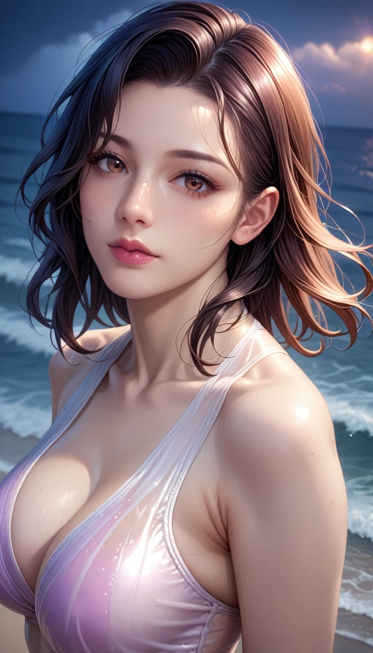 score_9, score_8_superior, score_7_superior, High resolution 3D anime style,A masterpiece in 32K resolution,Highest quality,it is really amazing,Very detailed,Ultra-high resolution,Ultra-realistic,Realistic,Increased depth of field,Cinematic lighting,
(Sexy mature Japan woman:1.2),
(black straight medium hair:1.1),(Ultra-detailed and beautiful face:1.1),(Calm and gentle look:1.1),Beautiful brown eyes,Translucent white skin,Realistic skin texture,Great proportions,
Elegant swimwear,
Summery design,Chic color scheme,Beautiful and delicate decoration,Detailed fabric texture,
(Dark overcast sky on a dull night:1.1),(Dark clouds filling the sky:1),(Thundercloud:1),Coastline at night,Stormy seas,(delay々A desolate sandy beach that continues:1),
(dramatic:1.1),(High angle:1.1),