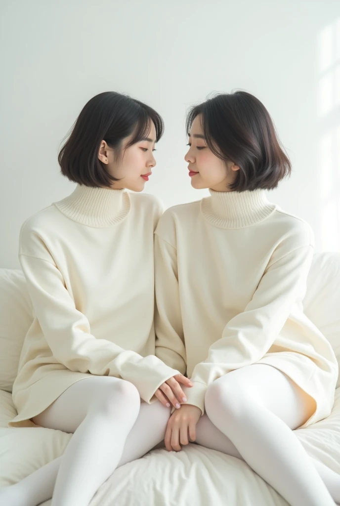 Two 20-year-old Japanese women with short hair wearing white turtleneck sweaters and thick white tights are sitting on a large white cushion.
