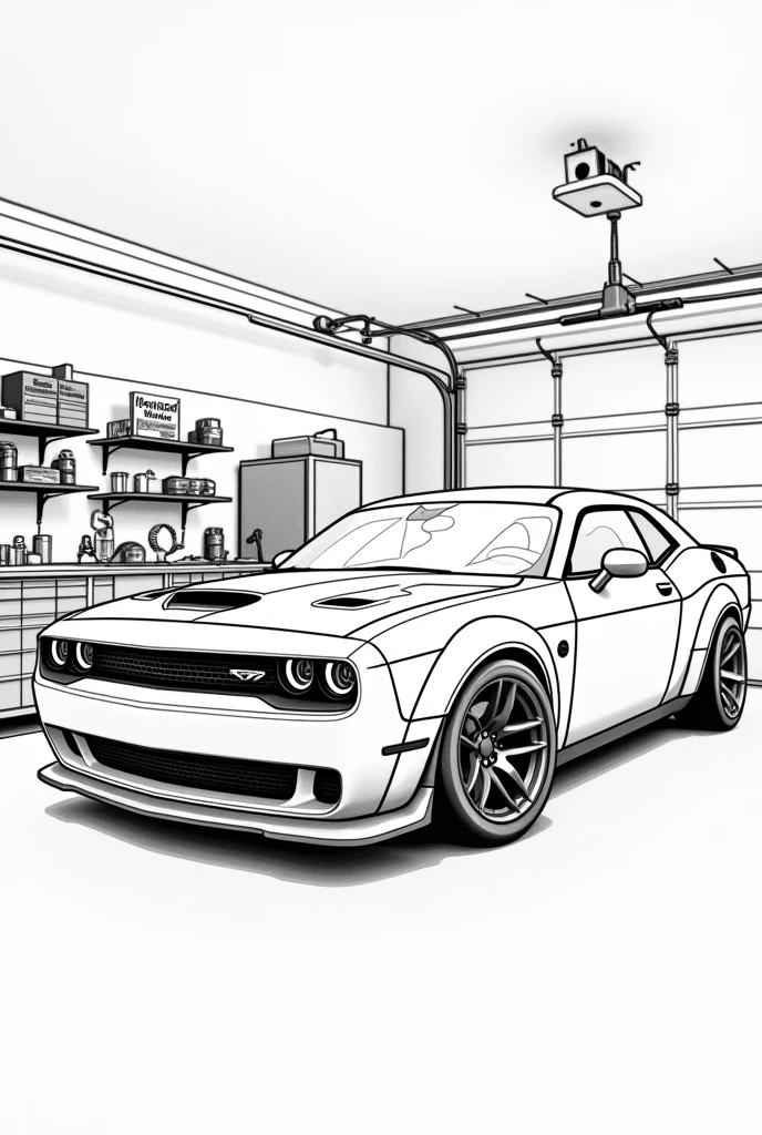 Line art canvas painting of Dodge challenger hellcat redeye parked in my garage