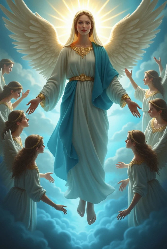 assumption of mary images blue and gold color ,no wings for mary cute face with angels with full body
