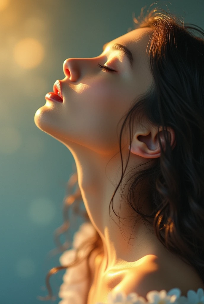 Without changing position or perspective, in the same position the face becomes more angelic, tender, innocent, feminine, beautiful and delicate, yellow lighting, blue shadows, lighting comes from the left, the face is tilted upwards, dark blonde hair, eyes closed and expression of very saturated colors
