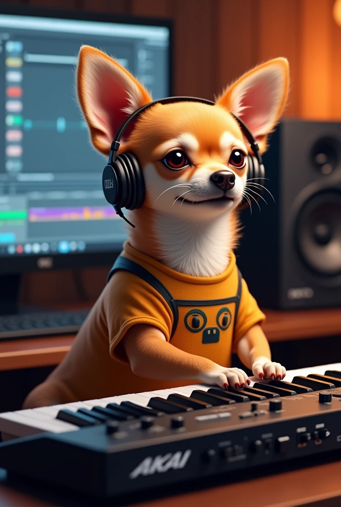 Humanoid orange dog Chihuahua playing a song in front of a professional AKAI 88 MPC MIDI keyboard ,Put on headphones,In a human-like T-shirt ..He is sitting in front of the screen、We know you use Image Line's FL Studio 20 as your preferred DAW.。.,He is an expert in music production and piano playing.....