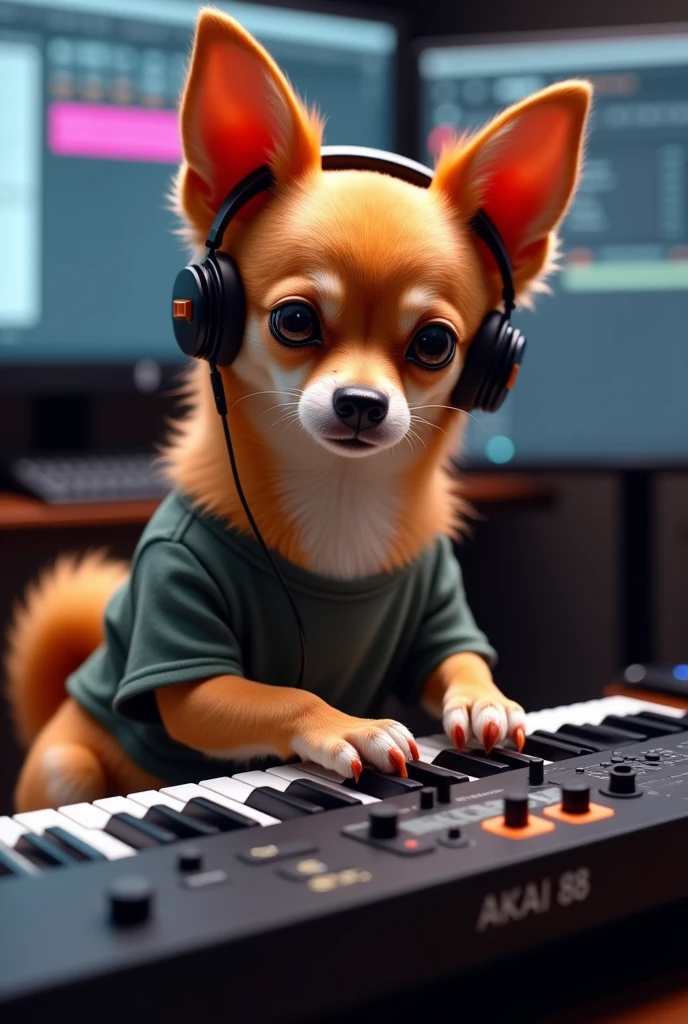 Humanoid orange dog Chihuahua playing a song in front of a professional AKAI 88 MPC MIDI keyboard ,Put on headphones,In a human-like T-shirt ..He is sitting in front of the screen、We know you use Image Line's FL Studio 20 as your preferred DAW.。.,He is an expert in music production and piano playing.....
