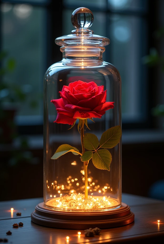 Create a jar with a red rose inside the jar and LED lights at the base, At the bottom add a medium lid and a larger one, and on the nozzle part of the bottle a lid larger than the nozzle, one medium and one small