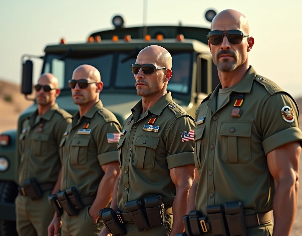 4k ((best quality)), ((masterpiece)), (detailed), hd, realistic face very muscular bald male soldiers full body stand by military truck sunglass,