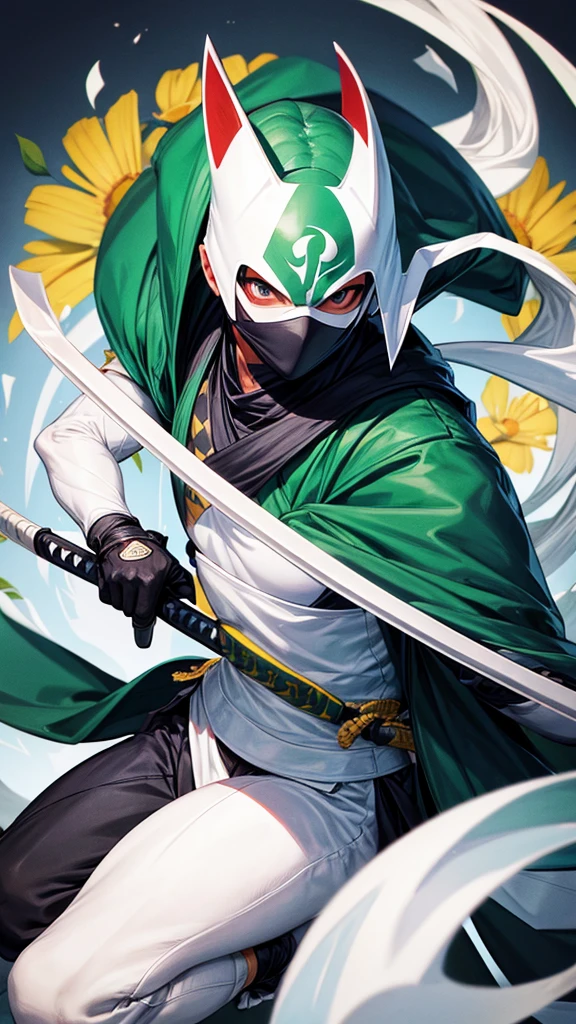 turtle-ninja armed with naginata and wearing white domino-mask