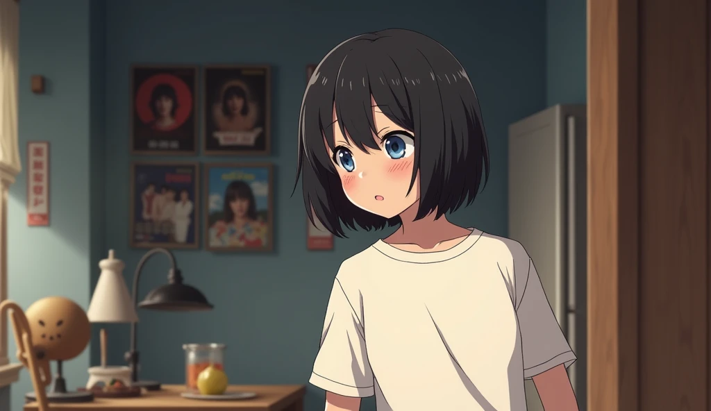 Inside the room,Round and heavy bob,One person, 19 years old,Band Posters,Lost in Thought,solo, White T-shirt smiling, Off-screen, Anime Style,