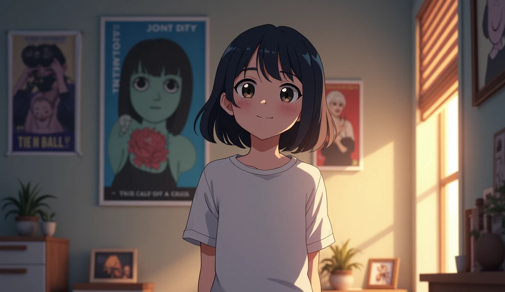 Inside the room,Round and heavy bob,One person, 19 years old,Band Posters,Lost in Thought,solo, White T-shirt smiling, Off-screen, Anime Style,