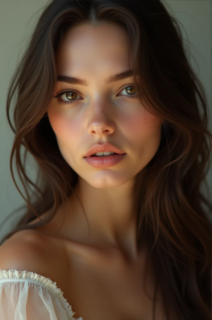 A beautiful woman with long hair and a mole on her left cheek
