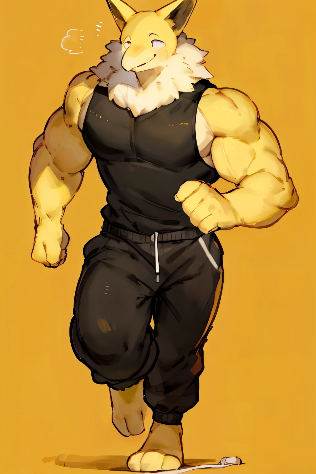 Furry, Anthro, solo, Hypno, Male, (((muscular body, massive male pectorals, yellow-gold skin, fluffy neck, wearing white fur around neck, facing viewer))), ((((massive biceps, wide-eyed, head tilted)))), ((((((massive bulky torso, jogging, happy, wearing black full male tanktop, wearing black sweatpants, barefoot)))))), full body, black/yellow spraypainted background, by buta99, by zackary911, by bebebebebe, (((digital painting)))