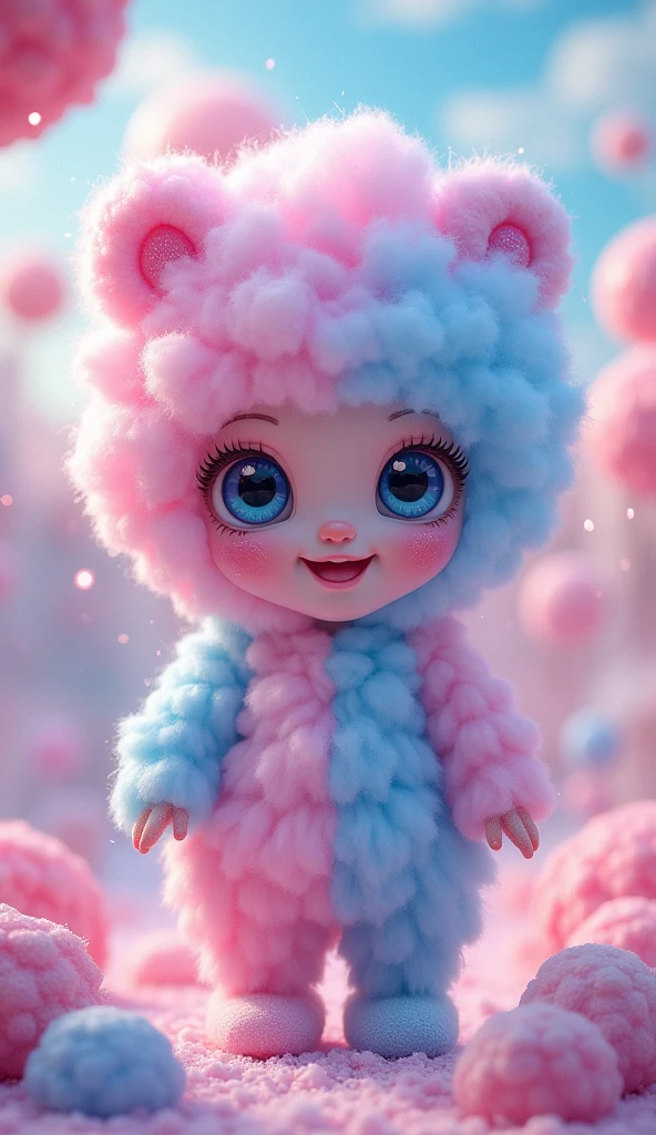 Make me a picture of an animated doll made of cotton candy