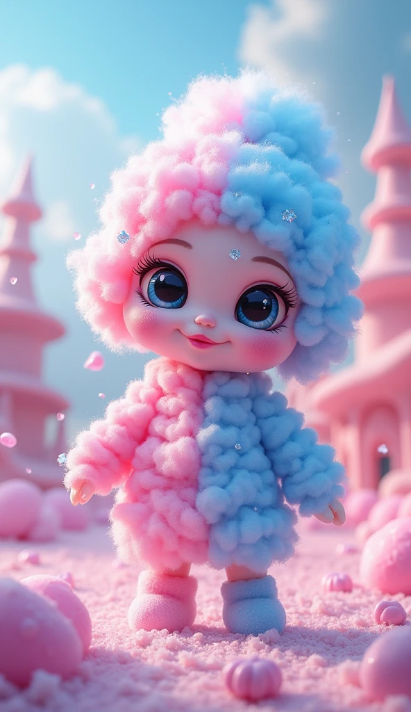 Make me a picture of an animated doll made of cotton candy