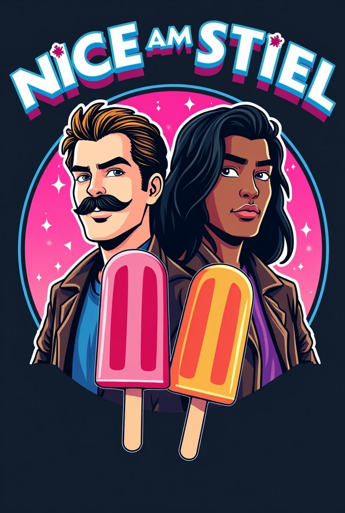 I need a significant logo for a YouTube channel which contains topics like movies, action figures, cosplays, video games and pop culture. the name of channel is NICE AM STIEL which is a german pun for a popsicle which means EIS AM STIEL in german. please visualize a proper logo with the likeness of a popsicle and everything I mentioned in the description. Be sure that the logo looks like two 80's characters like the main protagonists from MIAMI VICE - made them out of popsicle, one Male has a mustache, a Mullet and a light skin tone and the other Male has slightly longer black hair and a brown skin tone but most importantly the Logo as to feature the name NICE AM STIEL put the Names "Randy Paradise & Corey Walkman" above that characters be sure that the characters ar two males and DO NOT miss out the popsicle theme