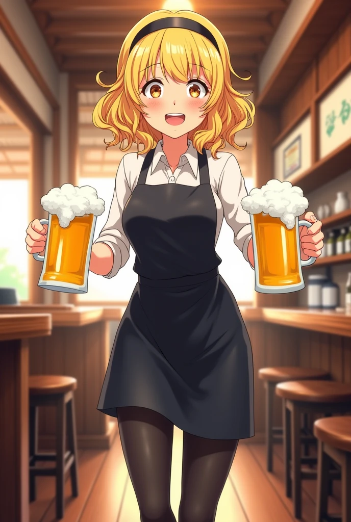 gender:Women's hair color:Blonde Hairstyle:Long hair, strong waves growing out from the sides of the ears:Black T-shirt, apron, bandana, occupation:Izakaya manager pose:Create an anime-style character that looks more than just busy running around with a bunch of beer mugs in each hand。
Strong deformation