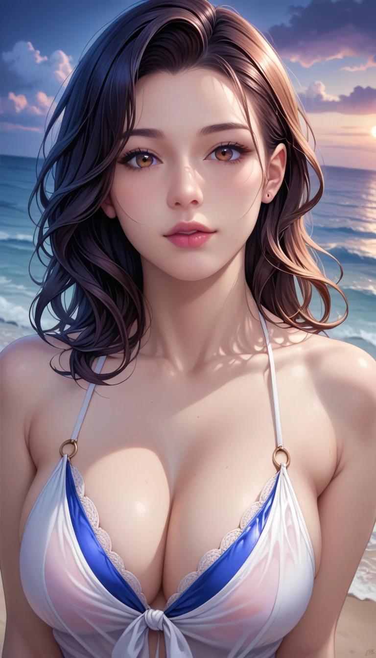 score_9, score_8_superior, score_7_superior, High resolution 3D anime style,A masterpiece in 32K resolution,Highest quality,it is really amazing,Very detailed,Ultra-high resolution,Ultra-realistic,Realistic,Increased depth of field,Cinematic lighting,
(Sexy mature Japan woman:1.2),
(black straight medium hair:1.1),(Ultra-detailed and beautiful face:1.1),(Calm and gentle look:1.1),Beautiful brown eyes,Translucent white skin,Realistic skin texture,Great proportions,
Elegant swimwear,
Summery design,Chic color scheme,Beautiful and delicate decoration,Detailed fabric texture,
(Dark overcast sky on a dull night:1.1),(Dark clouds filling the sky:1),(Thundercloud:1),Coastline at night,Stormy seas,(delay々A desolate sandy beach that continues:1),
(dramatic:1.1),(High angle:1.1),