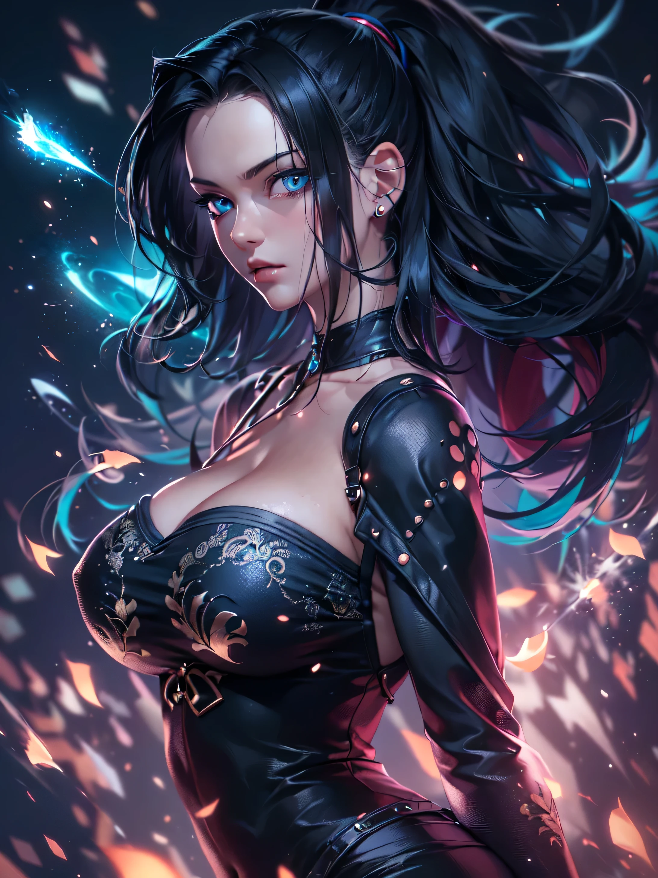 (Nico Robin), (One Piece), highest quality, (masterpiece:1.2), alone, black hair, (big beautiful detailed eyes), ulzzang, blue eyes, (huge breasts), (black lingerie), looking at viewer, from the front, ((cleavage)), ((arms behind back)), (black background), particles, glowing particles, sparks, shiny skin, photorealistic, (blue monochromatic color palette), detailed coloring, detailed high quality, chromatic aberrations, ultra detailed quality skin, detailed ray tracing lighting, portrait, fierce, 