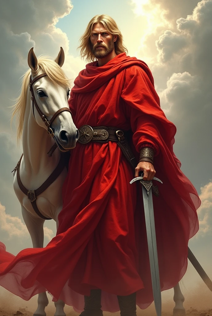 Lord Jesus Christ, blond hair, hairstyle with a middle parting, mushroom cut, short hair, dressed in red with a sharp sword in his hand, looking like a warrior, anger on his face, adult appearance of about 33 years old, standing on the clouds, Whole body, simple sword, with a white warhorse at his side