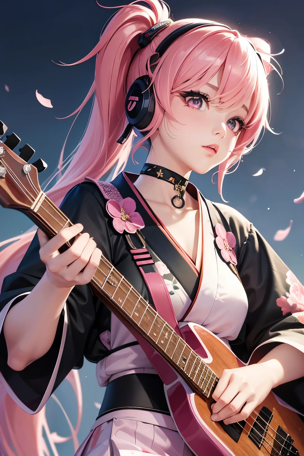 masterpiece, best quality, very detailed, high resolution, expensive resolution, high resolution, 4K, 8k, Unity 8k wallpaper, highly detailed CG, masterpiece, 2D, 3D, beautiful details, depth, fine texture, best quality: 1.3, perfect focus, crispy skin, he,
Very cute anime girl, girl playing baseguitar vocals in a band wearing a Japanese fancy floral haori hakama, on outdoor stage, full body, expensive pink twin tail hair, mole under eye, looking at the viewer, expensive, blush, mole, lips open, , heart choker, pink eyes, guitar vocals, stage,Full body of an anime girl with pink twin-tailed hair wearing a Japanese kimono and playing a bass guitar on stage at a cyberpunk festival