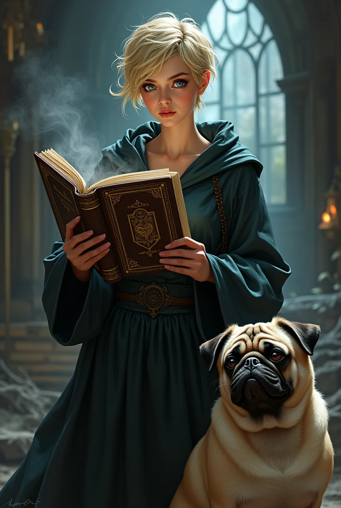 witch with book,
short blonde hair and a pug