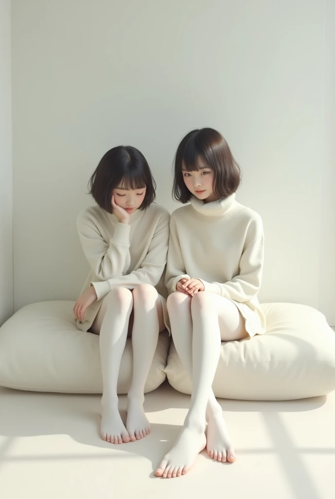 Two 20-year-old Japanese women with short hair wearing white turtleneck sweaters and thick white tights are sitting on a large white cushion. Their toes are visible.