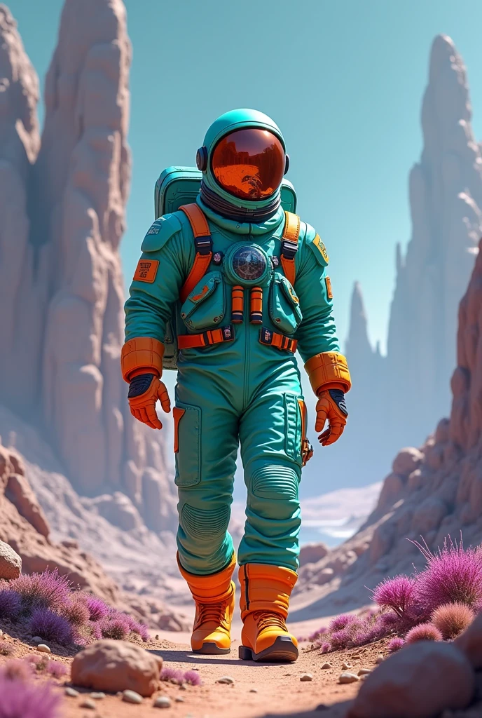 A male astronaut in turquoise green with orange