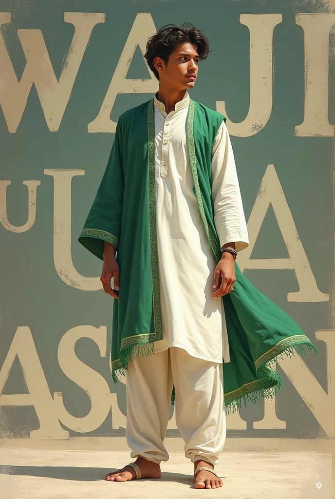 a  teeen ager man whering shlwar qameez white and green standing with tha name at the back wajiulhassan background acoordin to 14 agust with name waji ul hassan