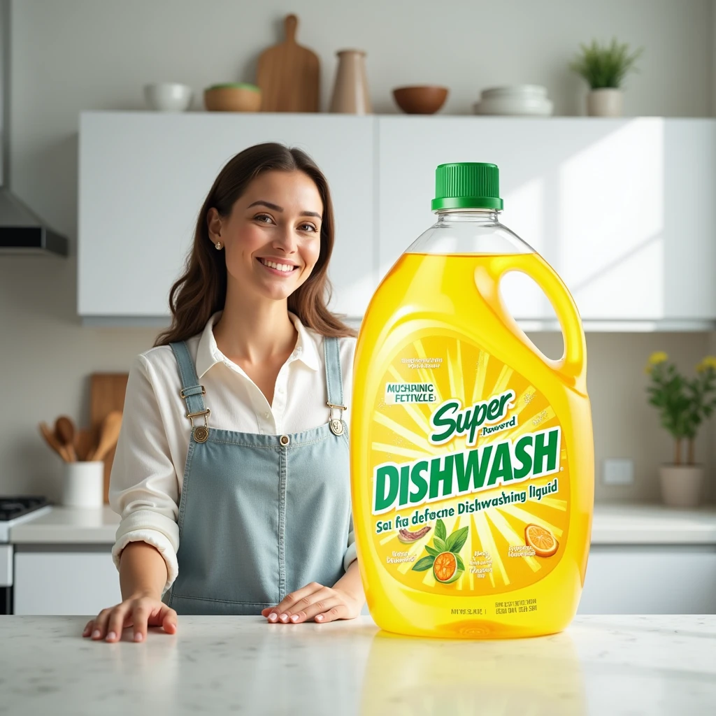 Super wash  DISHWASH  logo and yellow  transparent clear liquid with DISHWASH   background and kitchen  with lady