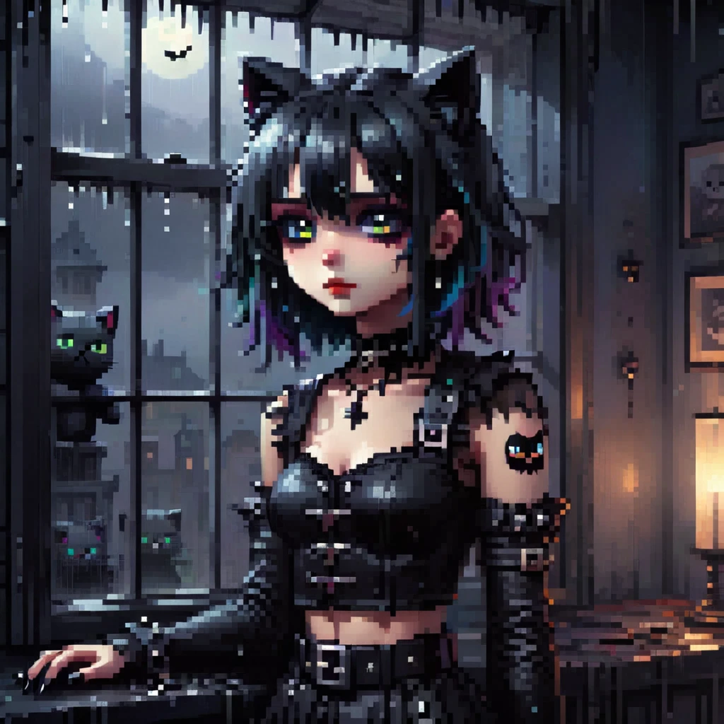Retro Game, retro-style characters, (masterpiece, best quality, perfect composition, very aesthetic, absurdres, ultra-detailed, intricate details, Professional, official art, Representative work:1.3) ultra detailed, 4k, high quality, beautiful, cute face, gothic girl with belts, emo, colorful hair, split hair, watching rain through a window, bedroom, dark tones, monochromatic, monotonous, world, teddybear, goth, punk, black nails, black cat