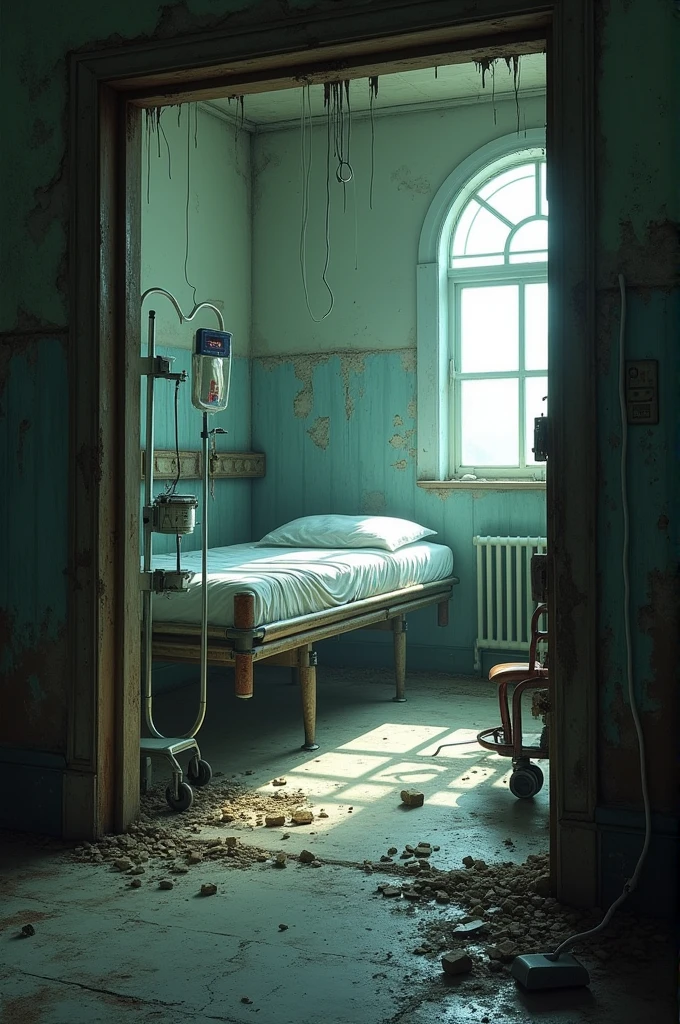 Room in a destroyed and abandoned hospital 