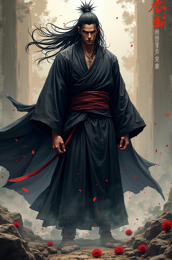 create a male character similar to madara uchiha with a hakama as lower clothing with the physique of mahoraga yo jos of satoru gojo without upper clothing, emotionless face and jujutsu kaisen manga drawing style 