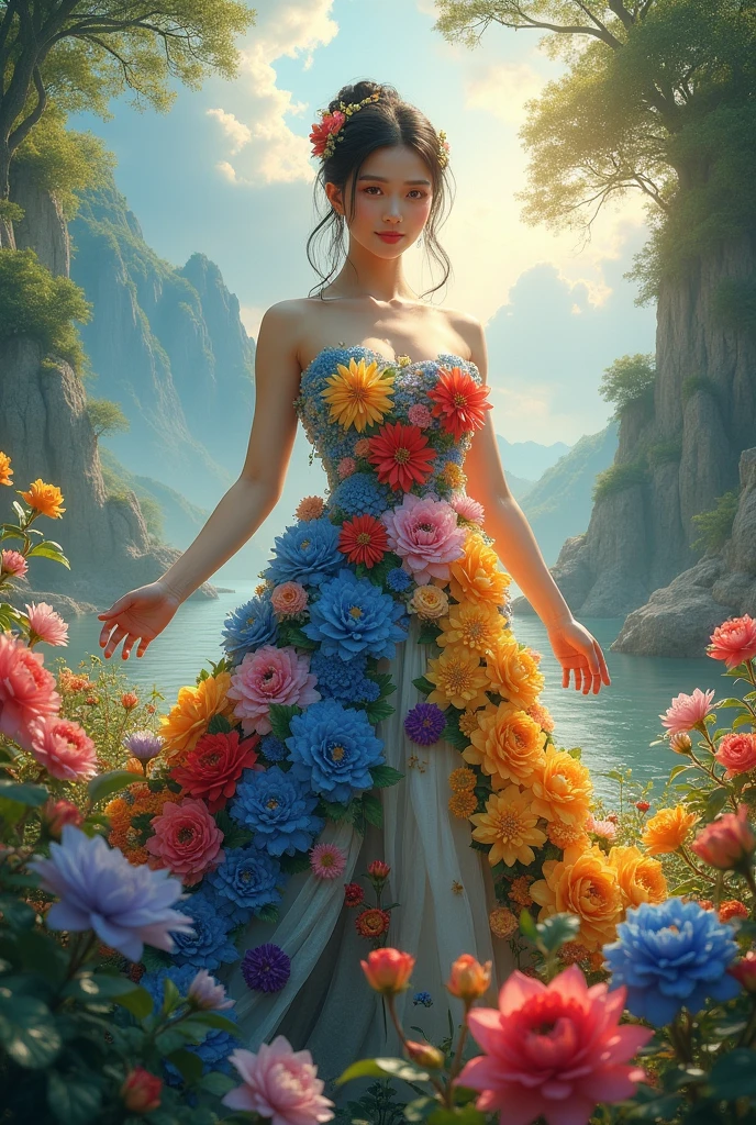 A Vietnamese woman with big breasts, wearing a dress made of flowers, under her feet and behind her is a forest of blooming flowers, with all kinds of flowers in many colors, each flower is blue, red, yellow, green, purple, with sunlight shining through the leaves, on the mountains in the distance are mountains with white clouds swirling around, wearing a gorgeous outfit, gorgeous dress, intricate dress, elegant fire dress, gorgeous and elegant, lavish dress, inspired by Hedi Xandt, gorgeous dress, intricate dress, gorgeous royal dress, gorgeous clothes, gorgeous dress, intricate and elegant, dress with intricate details, gorgeous, high heels, royal dress, detailed hands, Fire in the body, water on the dress, lightning element, fire element, lightning wings, full water, Transparent clothes, masterpiece, best quality: 1.2),, (8k, high resolution, RAW images, realistic, photorealistic: 1.3), (detailed skin texture, detailed cloth texture, detailed water, detailed trees, detailed textured flowers, detailed leaves, detailed colors, beautifully detailed faces: 1.25), professional lighting, photon mapping, beautiful soft lighting, brightness, physically based rendering, ray tracing, model shooting style, model shooting style, (Unity's super detailed 8k CG backgrounds), the world's most beautiful full body artwork, similar face https://photos.google.com/photo/AF1QipMlkxaqU8hD8nRz67a6w7nbGPnIYAfpUmkyTWc-