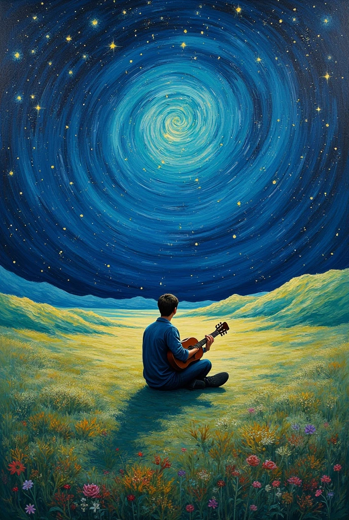 A painting of a man playing the guitar with strokes like Starry night, even the man must be drawn like a landscape., little man sitting in the middle of a vast field playing the guitar looking up at the stars, abstract, sit and see only the back, back only
