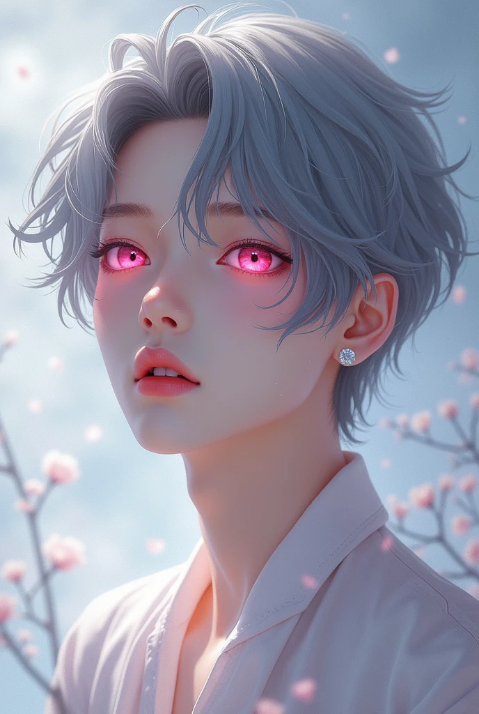 Hyunjin ( Stray Kids) (foto realist),( semi angel) ,(grey hair) (pink eyes),(realist)