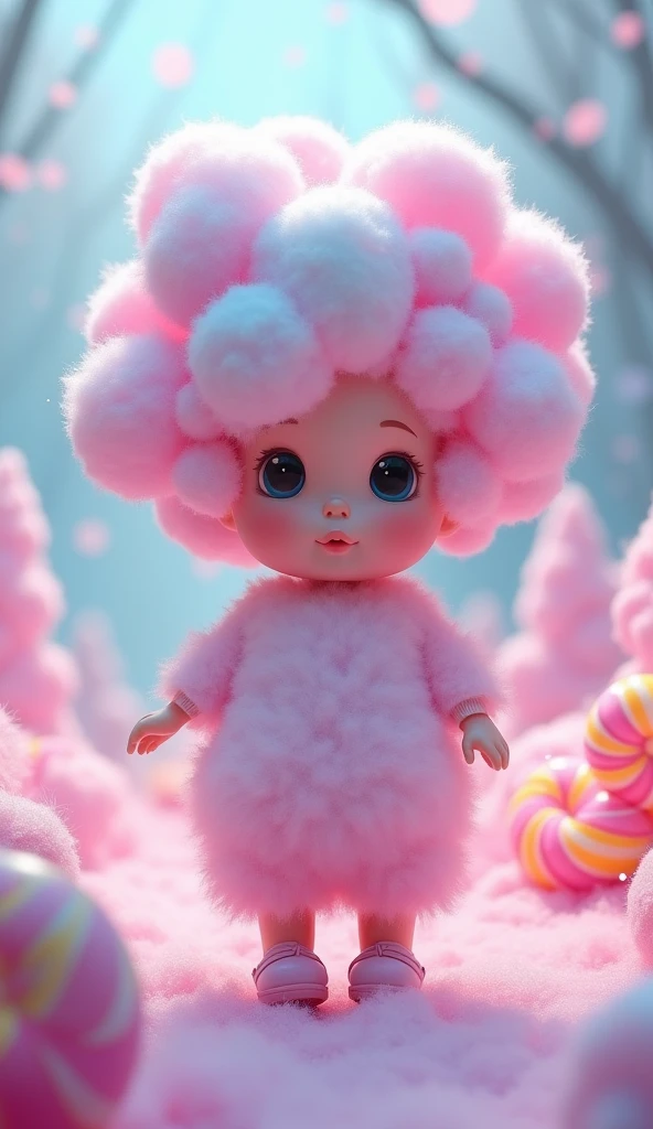 Make me a picture of an animated doll made of cotton candy