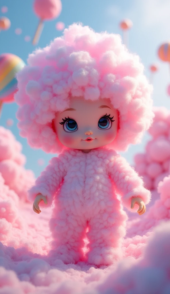 Make me a picture of an animated doll made of cotton candy