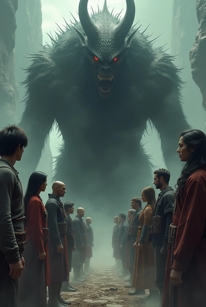 2 groups of 5 people are hostile towards each other, big monster among them