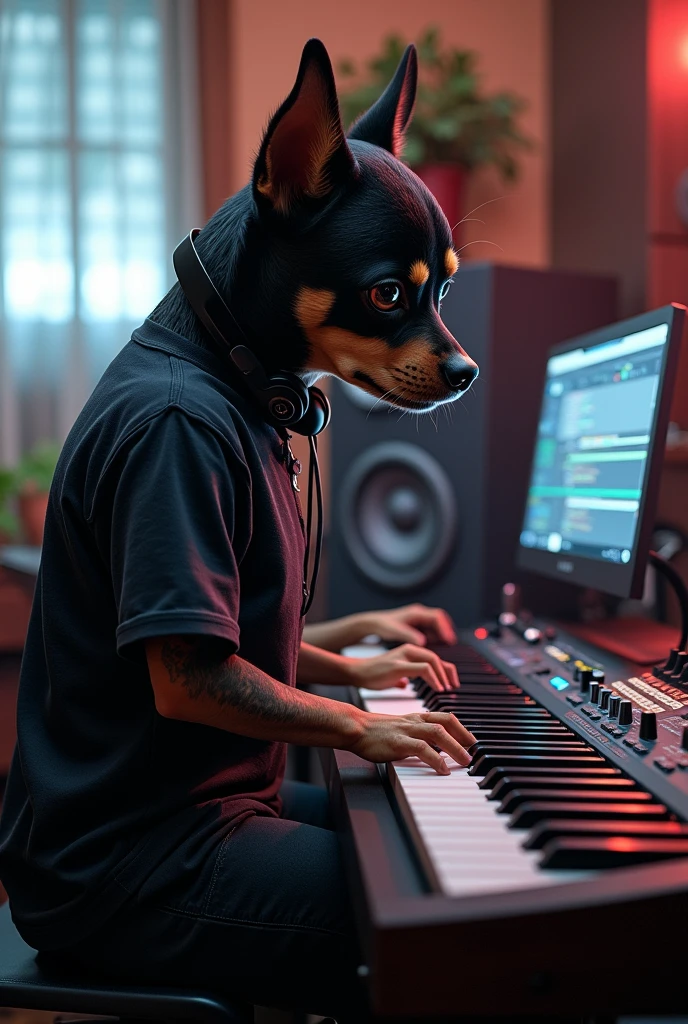 A humanoid black long-coated chihuahua playing a song in front of a professional AKAI 88 MPC MIDI keyboard ,Put on headphones,In a human-like T-shirt ..He is sitting in front of the screen、We know you use Image Line's FL Studio 20 as your preferred DAW.。.,He is an expert in music production and piano playing.....