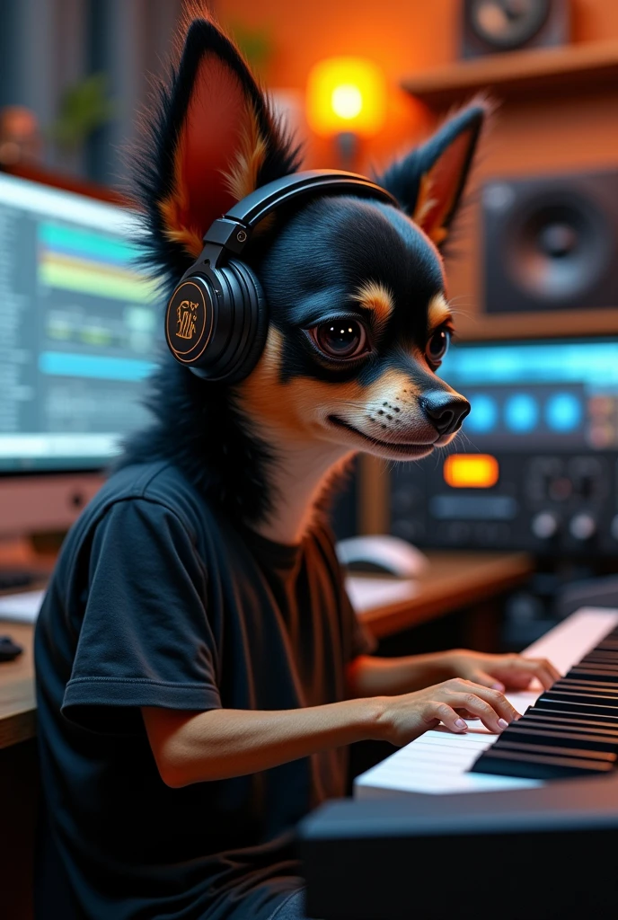 A humanoid black long-coated chihuahua playing a song in front of a professional AKAI 88 MPC MIDI keyboard ,Put on headphones,In a human-like T-shirt ..He is sitting in front of the screen、We know you use Image Line&#39;s FL Studio 20 as your preferred DAW.。.,He is an expert in music production and piano playing.....